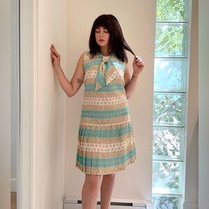 Vintage 1960s Beige, Cream & Bright Blue, Tie Front, Drop Waist, Pleated Dress